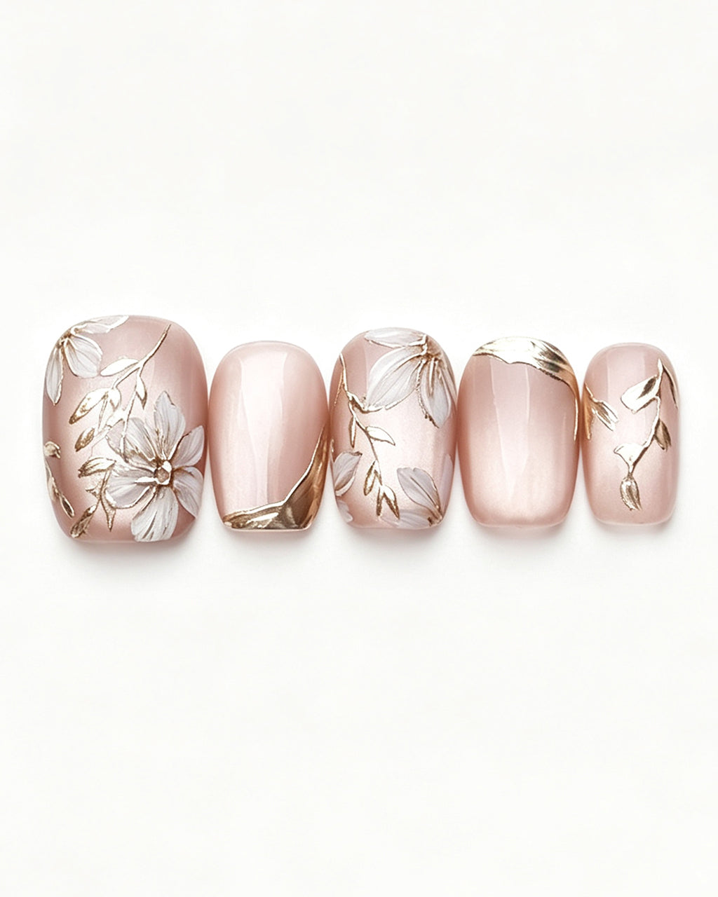 Ice Flower | Handcrafted Magnolia & Metallic Gold French Press-On Nails