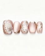 Ice Flower | Handcrafted Magnolia & Metallic Gold French Press-On Nails