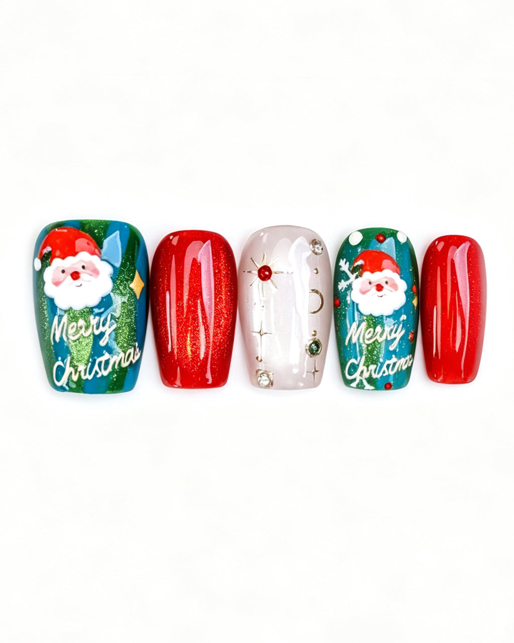 Christmas Press On Nails - Red & Green Festive Almond Nails with Snowflake Art