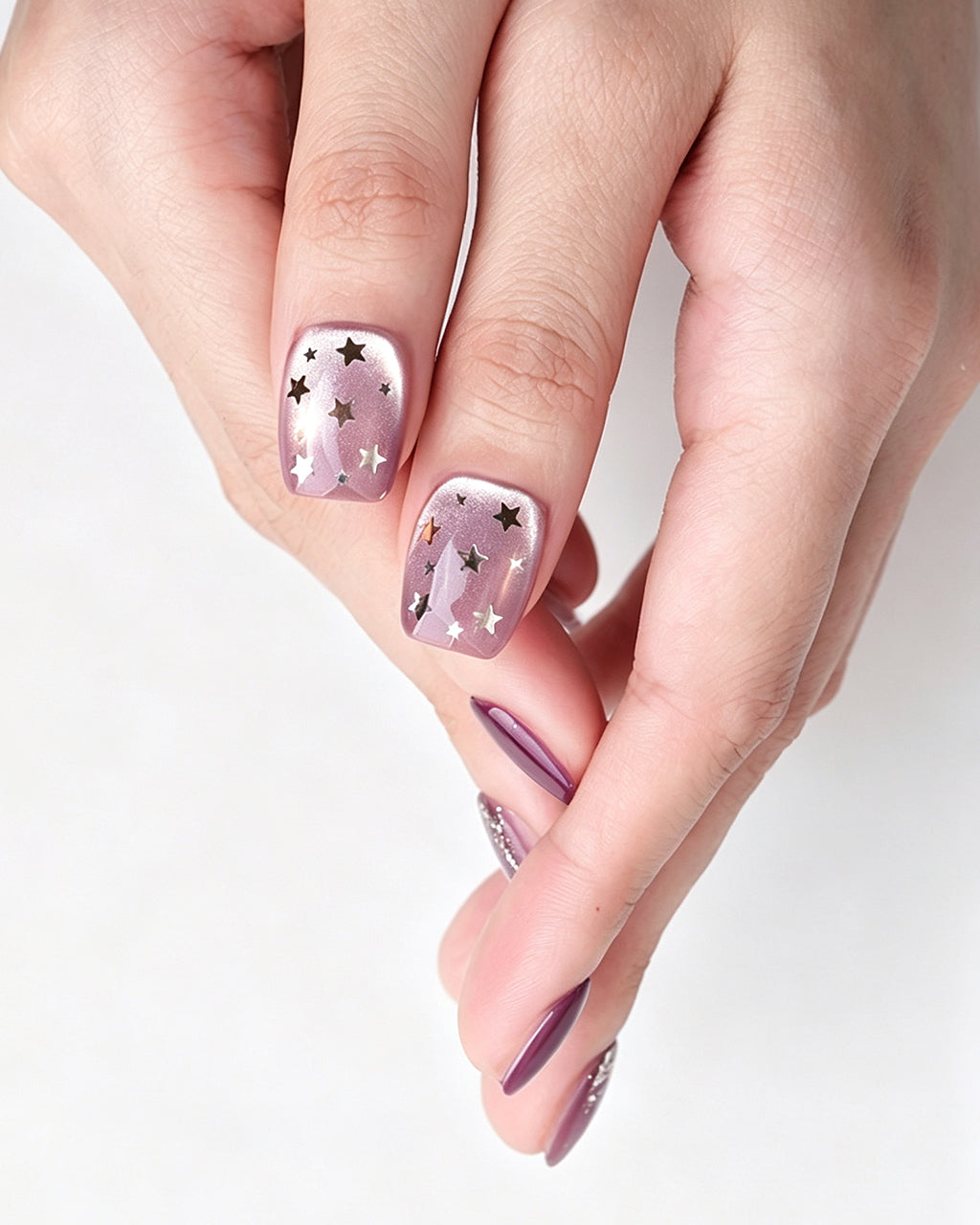 Dusty Rose Cat Eye Press On Nails - Black Starburst Short Square Nails