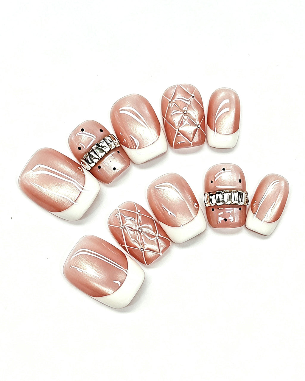 Coquette Glamour | Rose Nude Cat-Eye with 3D Ribbon & Quilted Lattice Nails