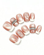 Coquette Glamour | Rose Nude Cat-Eye with 3D Ribbon & Quilted Lattice Nails