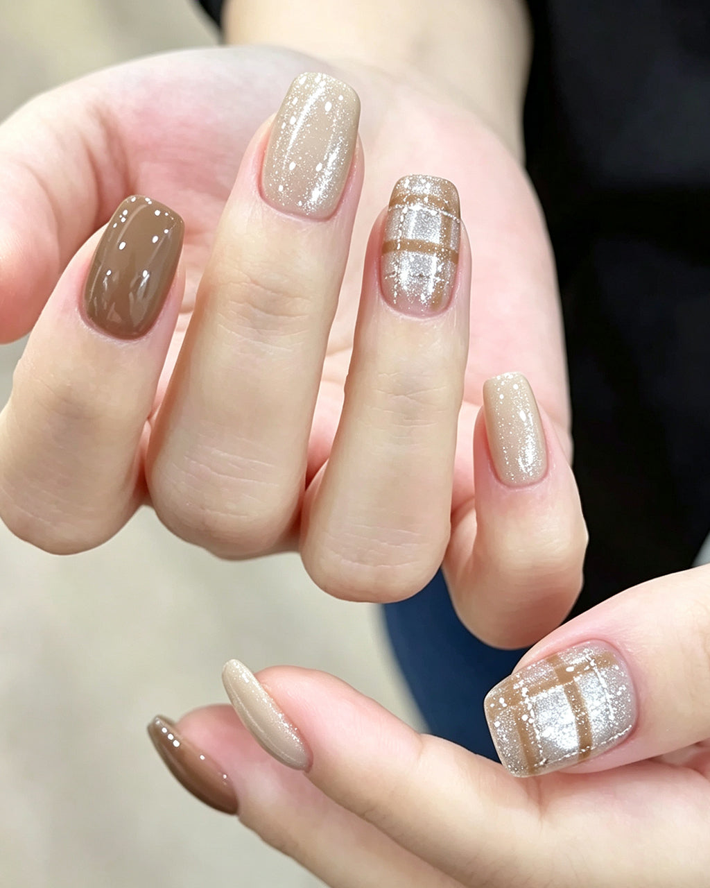 Caramel Latte | Handcrafted Caramel Brown & Silver Cat-Eye Press-On Nails