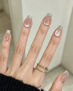 Bling Crushed Diamond | Handcrafted Milky Cat-Eye & Glitter French Nails