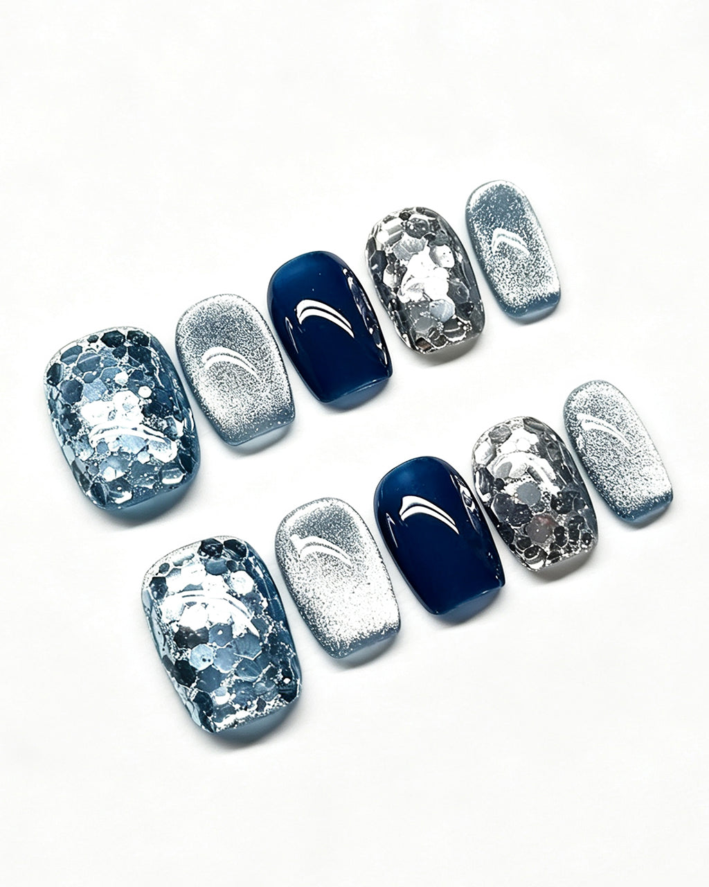 Blue Ocean | Handcrafted Navy Cat-Eye & Silver Flake Press-On Nails