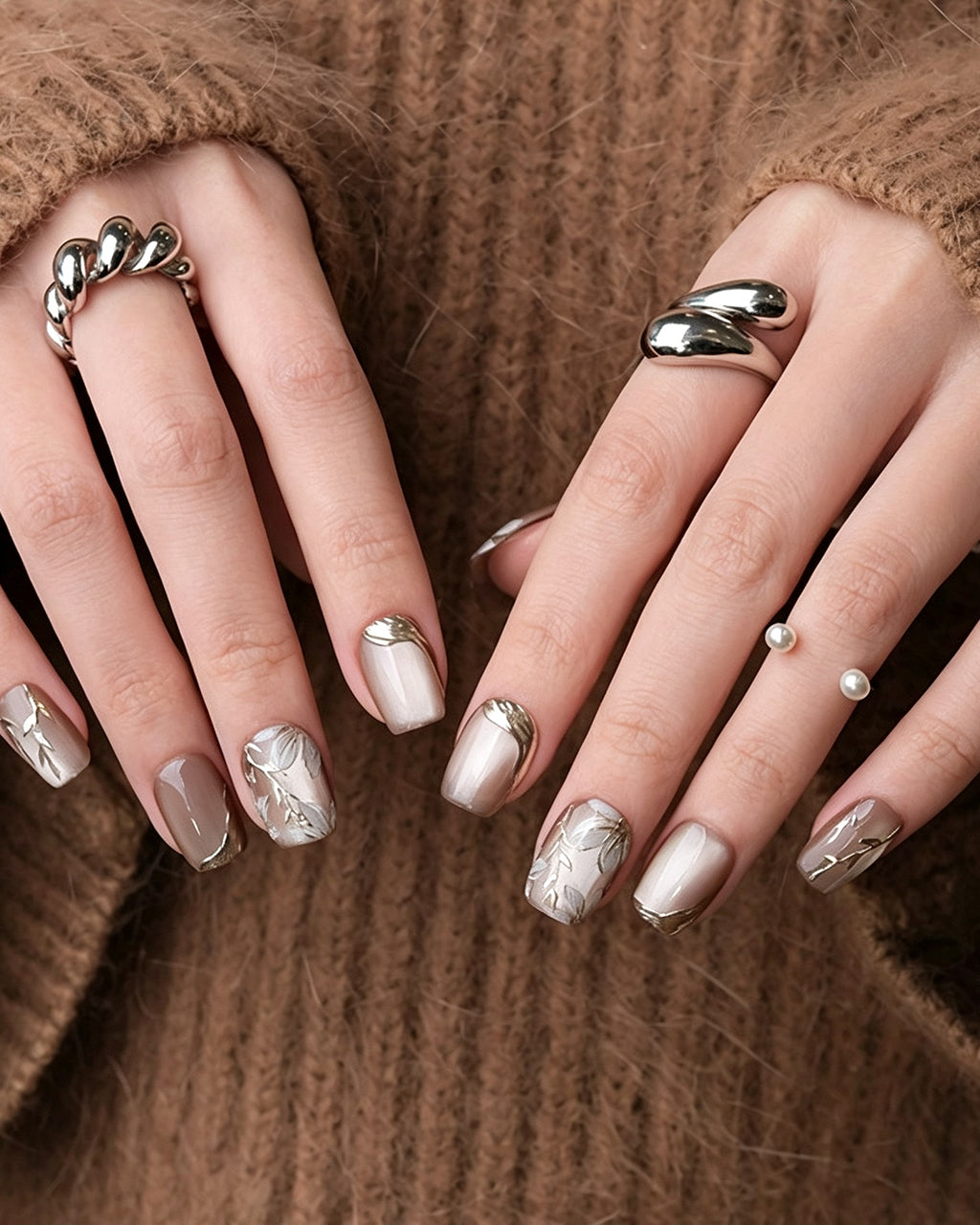 Ice Flower | Handcrafted Magnolia & Metallic Gold French Press-On Nails