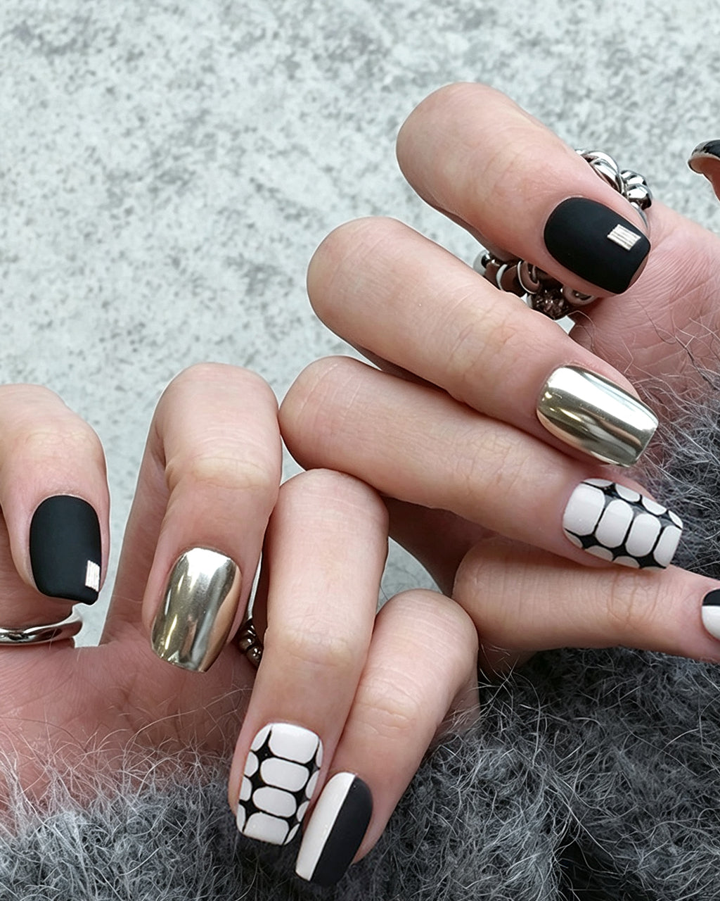 Black and White Tweed Press On Nails - Vintage Plaid & Gold Short Square Nails