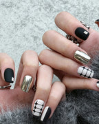 Black and White Tweed Press On Nails - Vintage Plaid & Gold Short Square Nails