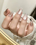 Mist Shrouds Camellia | Handcrafted Sheer Nude Cat-Eye & Silver French Nails