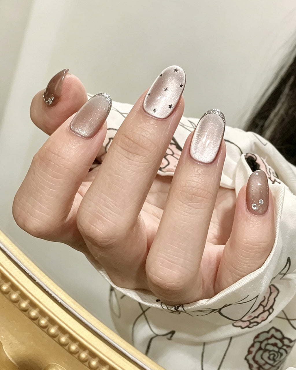 Mist Shrouds Camellia | Handcrafted Sheer Nude Cat-Eye & Silver French Nails