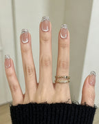 Bling Crushed Diamond | Handcrafted Milky Cat-Eye & Glitter French Nails