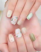 Jasmine Peach | Hand-Painted Floral & Cat Eye Press-On Nails