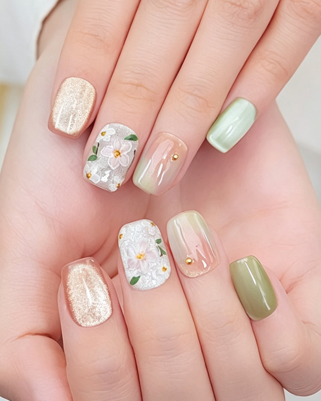 Jasmine Peach | Hand-Painted Floral & Cat Eye Press-On Nails