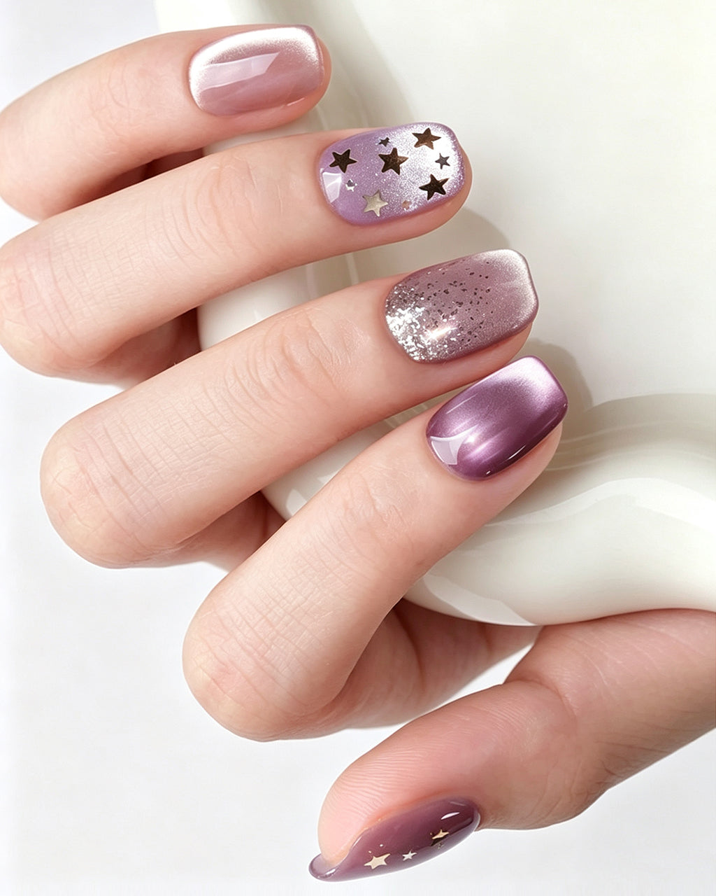 Dusty Rose Cat Eye Press On Nails - Black Starburst Short Square Nails