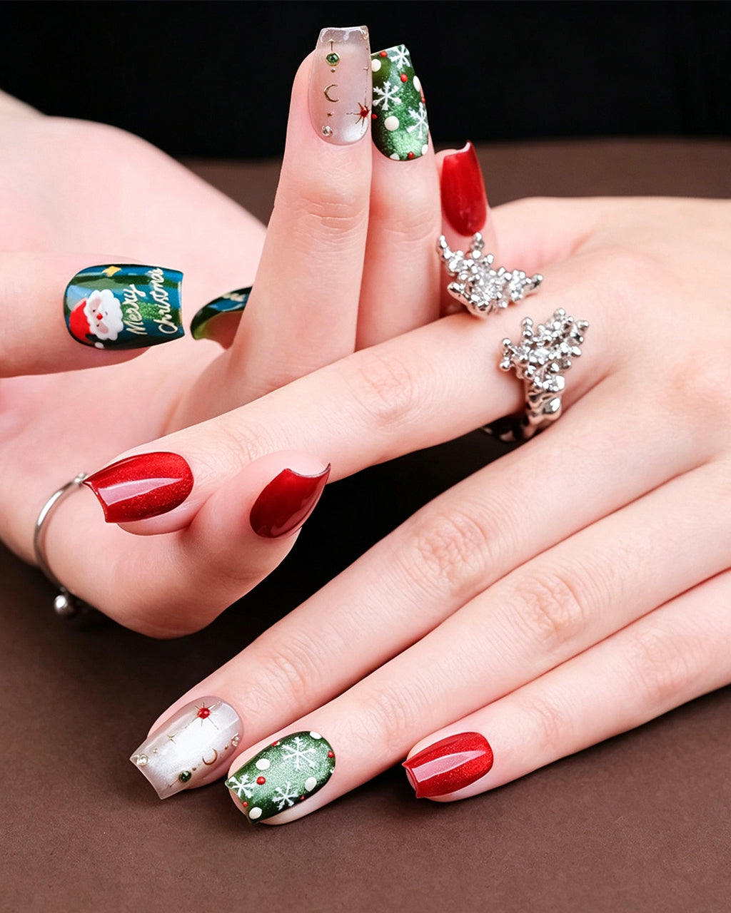 Christmas Press On Nails - Red & Green Festive Almond Nails with Snowflake Art
