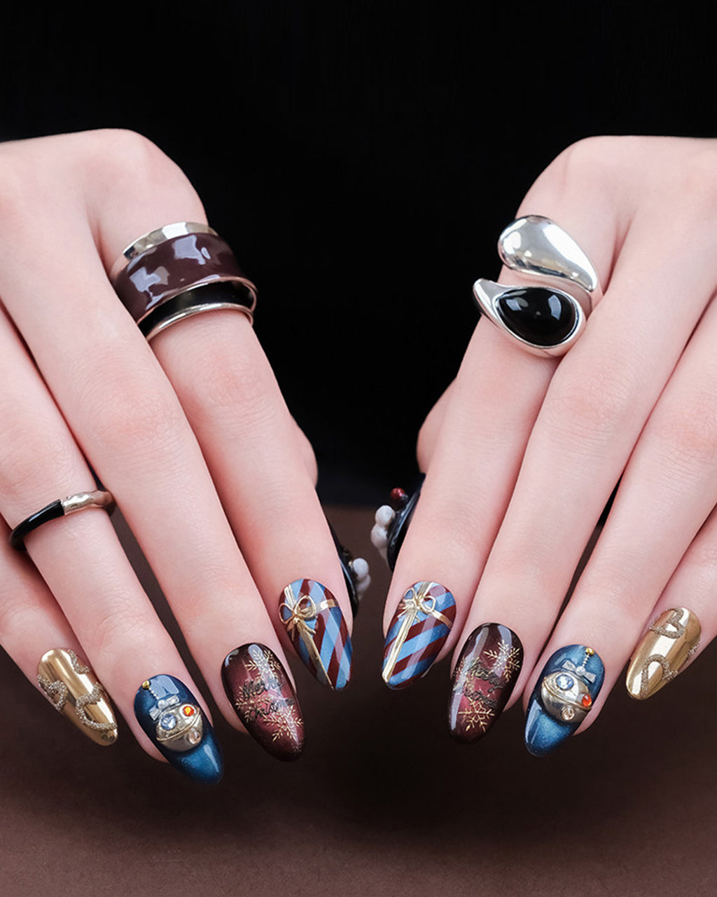 Christmas Fantasy | Handcrafted Navy Cat-Eye & 3D Holiday Press-On Nails