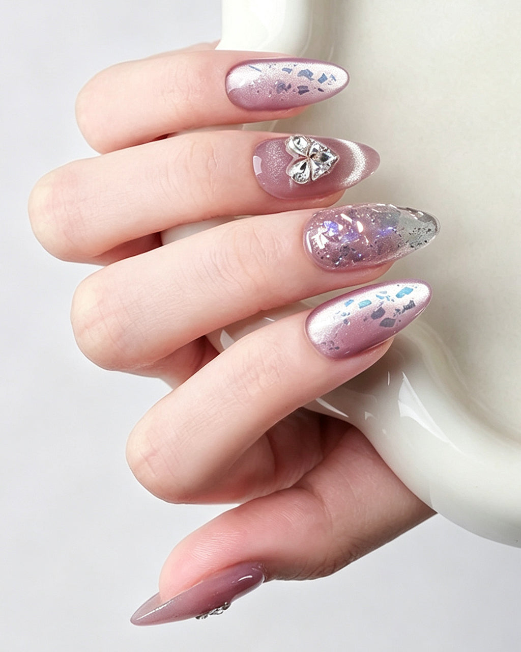 Lavender Lilac Cat Eye Press On Nails - Silver Heart Short Square Nails