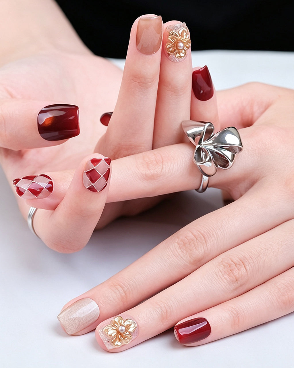 Moonlit Rose | Handcrafted Burgundy Cat-Eye & Harlequin