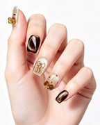 Caramel Brown Cat Eye Press On Nails - 3D Amber Bow Short Square Nails