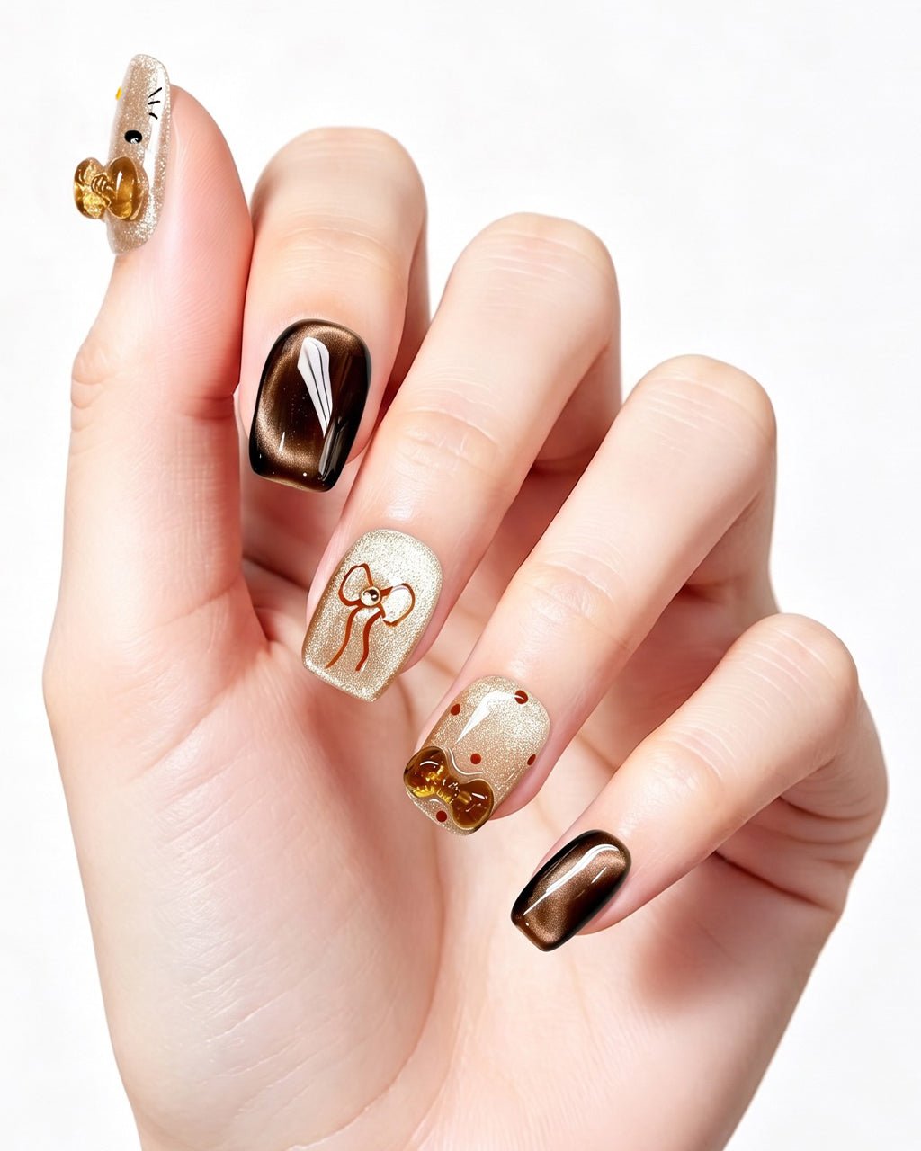 Caramel Brown Cat Eye Press On Nails - 3D Amber Bow Short Square Nails