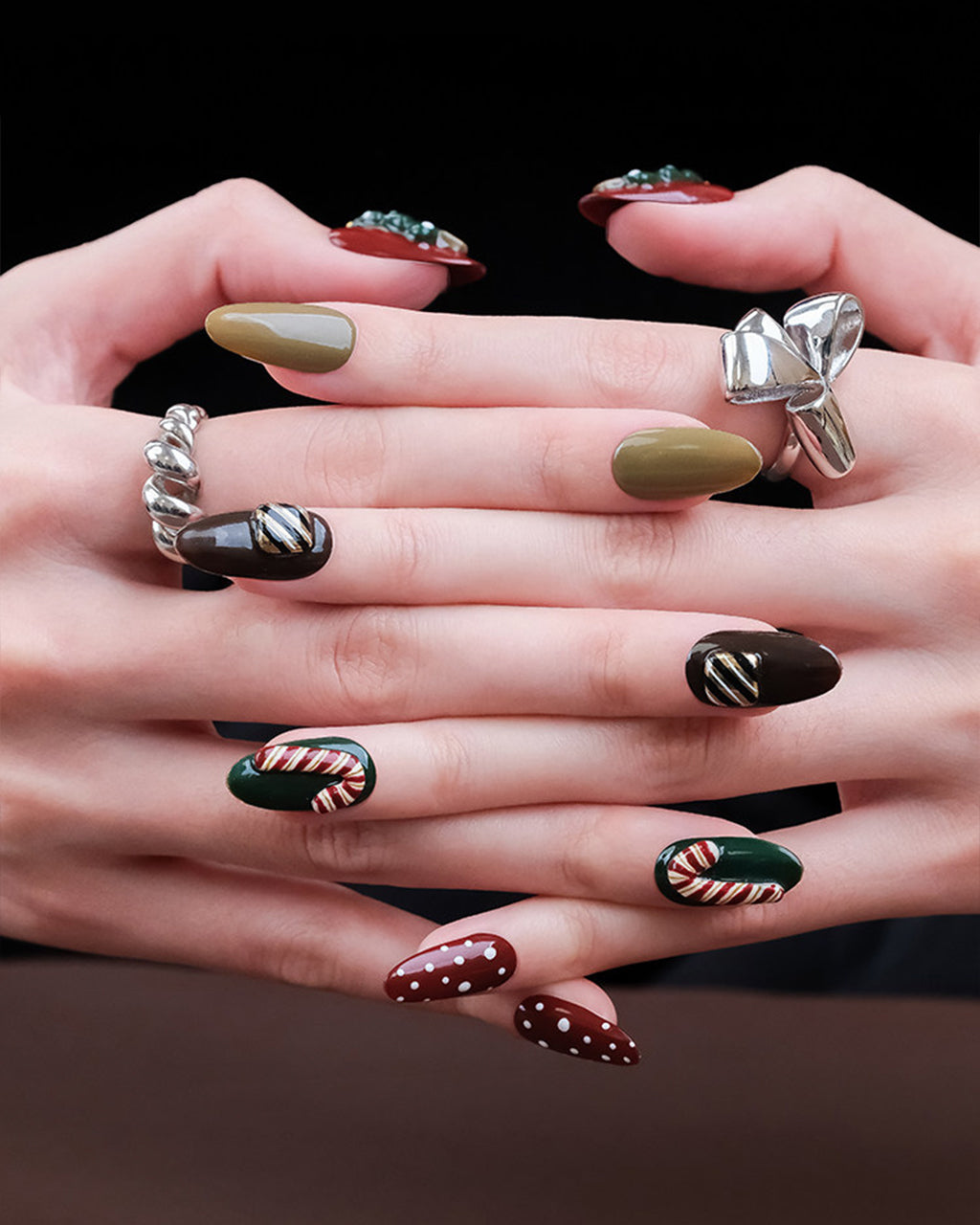 Christmas Fairy Tale | Handcrafted 3D Christmas Tree & Candy Cane Press-On Nails