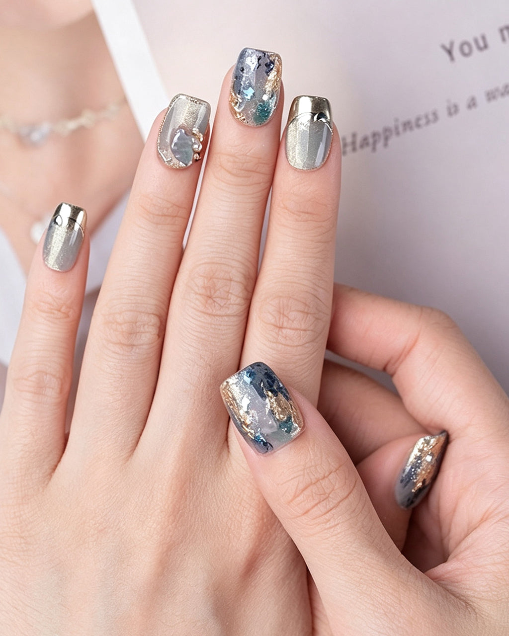 Dew Bubbles | Ice Blue Cat Eye & Chrome French Tip Press-On Nails