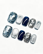 Blue Ocean | Handcrafted Navy Cat-Eye & Silver Flake Press-On Nails