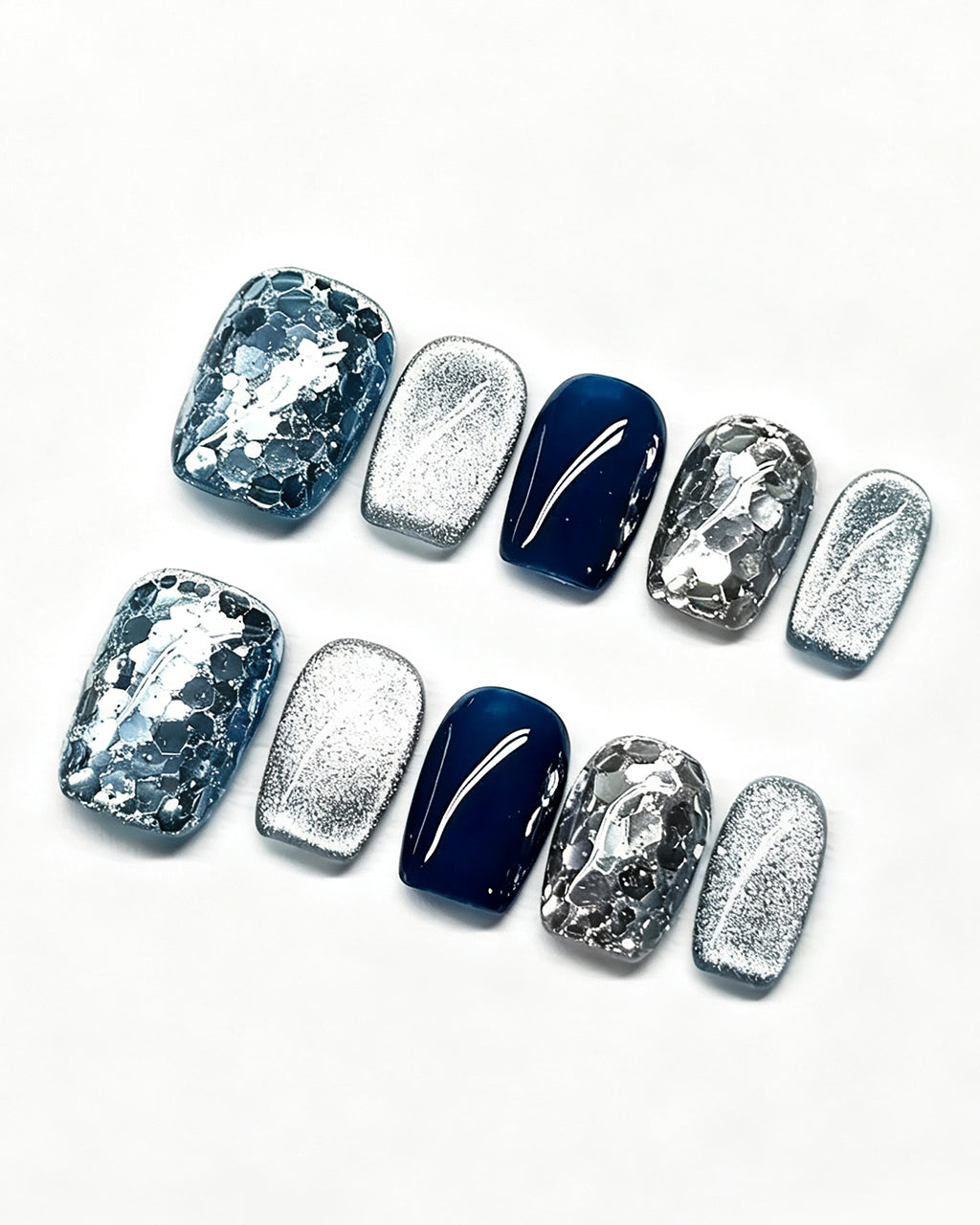 Blue Ocean | Handcrafted Navy Cat-Eye & Silver Flake Press-On Nails