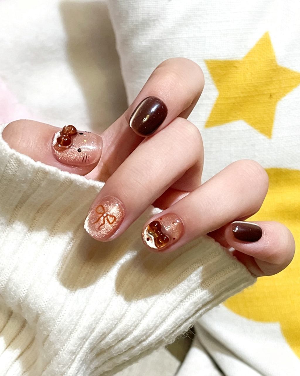 Caramel Brown Cat Eye Press On Nails - 3D Amber Bow Short Square Nails