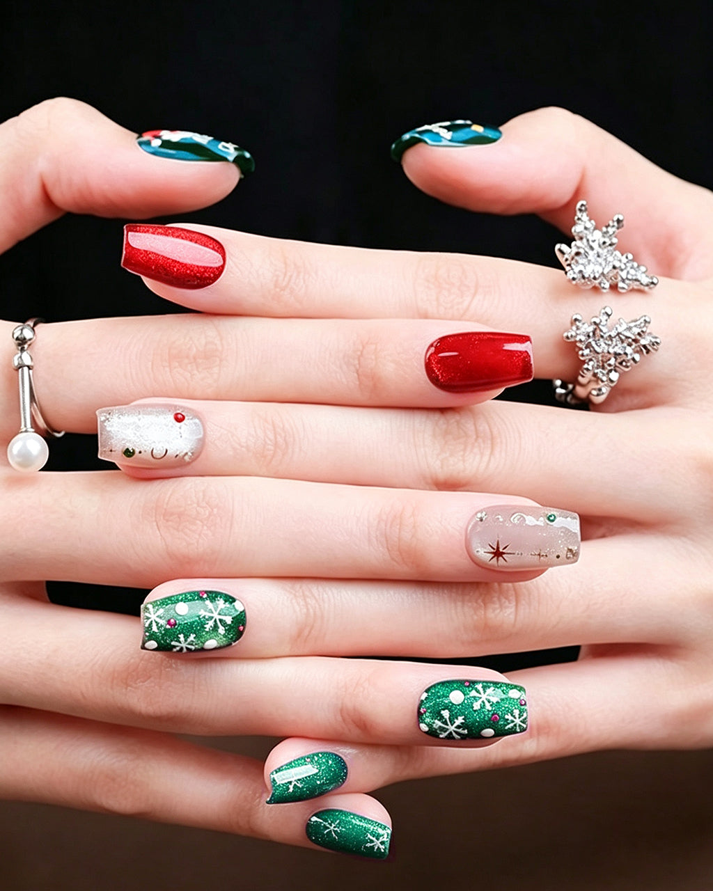 Christmas Press On Nails - Red & Green Festive Almond Nails with Snowflake Art