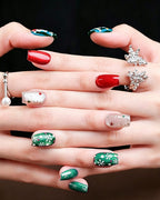 Christmas Press On Nails - Red & Green Festive Almond Nails with Snowflake Art