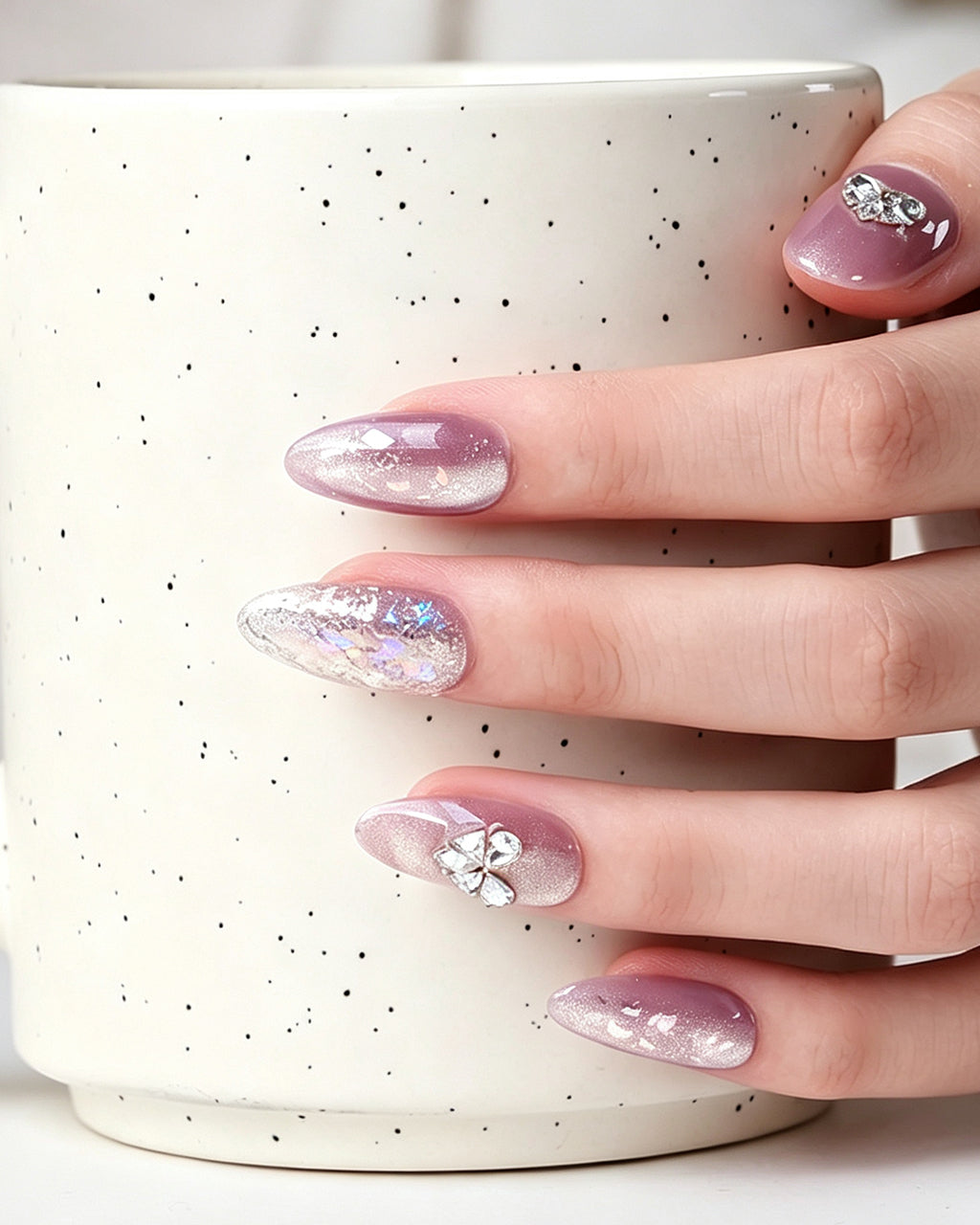 Lavender Lilac Cat Eye Press On Nails - Silver Heart Short Square Nails
