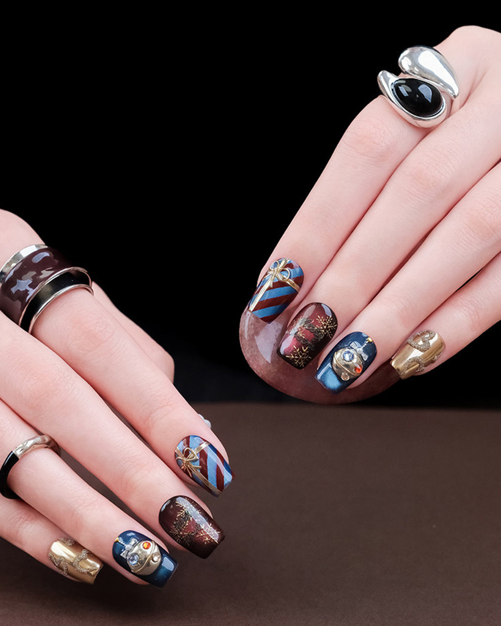 Christmas Fantasy | Handcrafted Navy Cat-Eye & 3D Holiday Press-On Nails
