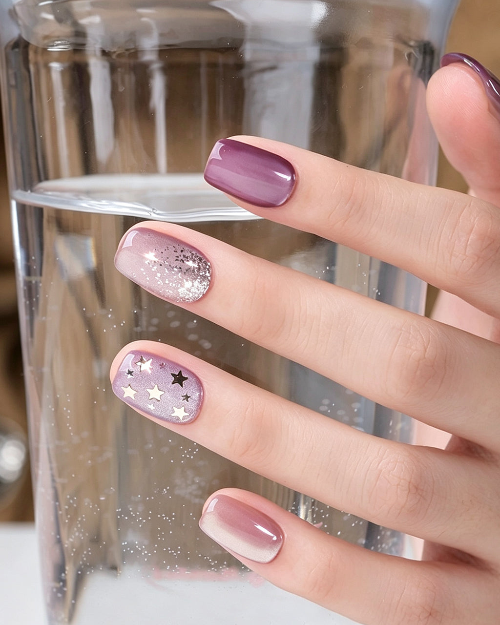 Dusty Rose Cat Eye Press On Nails - Black Starburst Short Square Nails