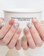Jasmine Peach | Hand-Painted Floral & Cat Eye Press-On Nails
