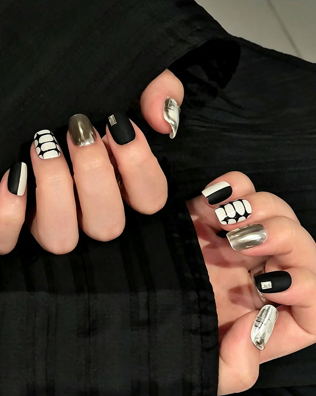 Black and White Tweed Press On Nails - Vintage Plaid & Gold Short Square Nails