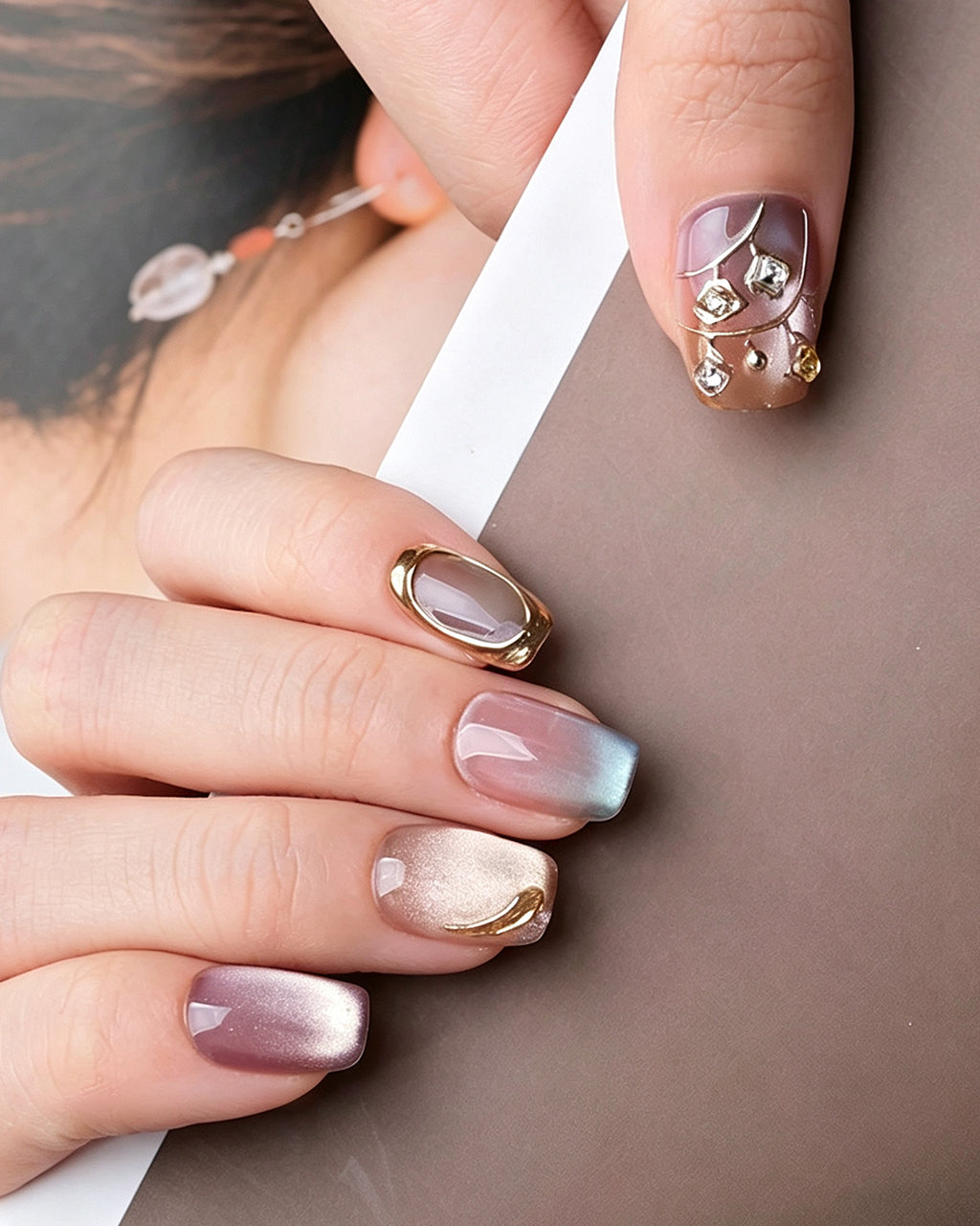 Rhythmic Light | Handcrafted Pink Aurora & Metallic Line Press-On Nails