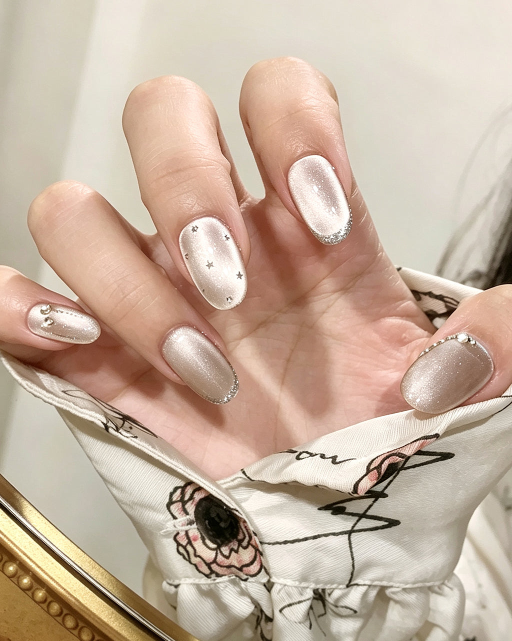 Mist Shrouds Camellia | Handcrafted Sheer Nude Cat-Eye & Silver French Nails