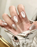 Mist Shrouds Camellia | Handcrafted Sheer Nude Cat-Eye & Silver French Nails