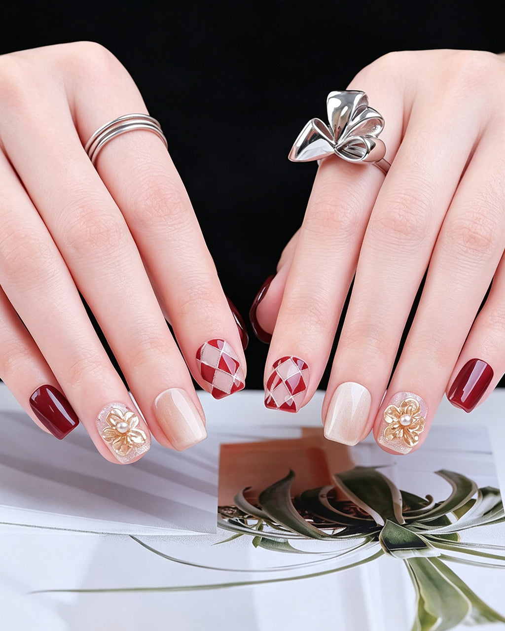 Moonlit Rose | Handcrafted Burgundy Cat-Eye & Harlequin