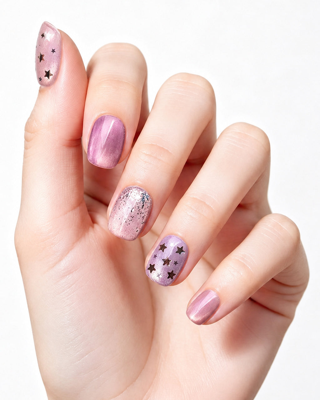 Dusty Rose Cat Eye Press On Nails - Black Starburst Short Square Nails