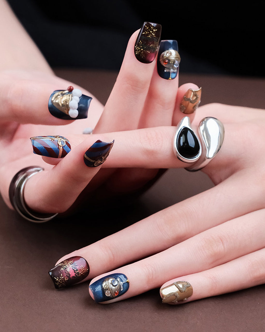 Christmas Fantasy | Handcrafted Navy Cat-Eye & 3D Holiday Press-On Nails