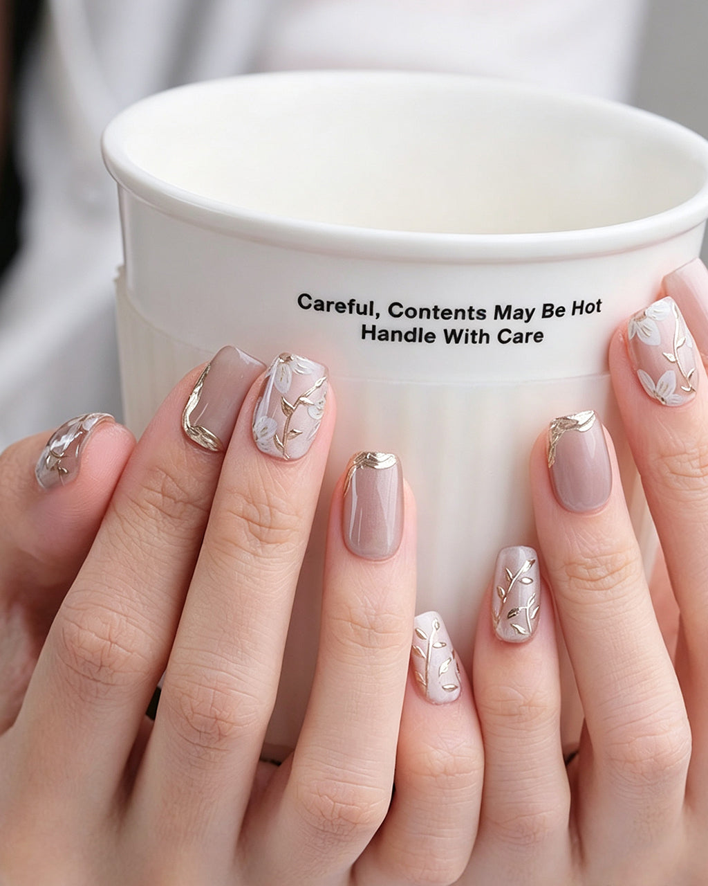 Ice Flower | Handcrafted Magnolia & Metallic Gold French Press-On Nails