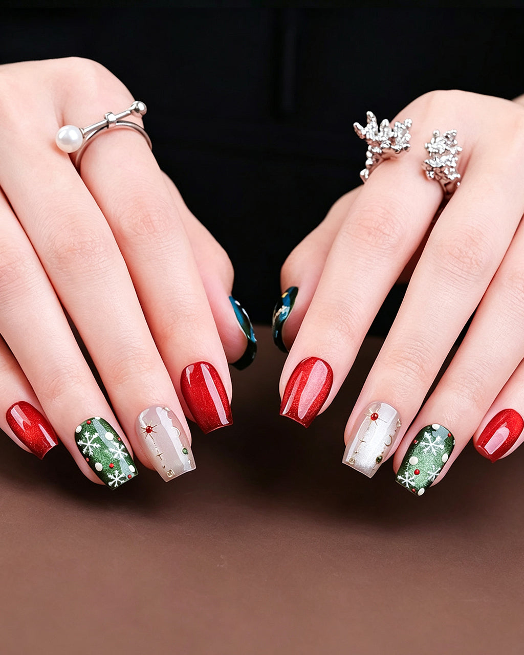 Christmas Press On Nails - Red & Green Festive Almond Nails with Snowflake Art