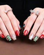 Christmas Press On Nails - Red & Green Festive Almond Nails with Snowflake Art