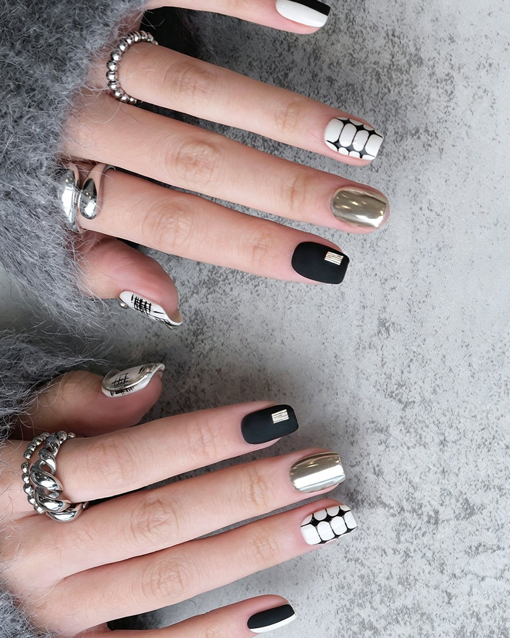 Black and White Tweed Press On Nails - Vintage Plaid & Gold Short Square Nails