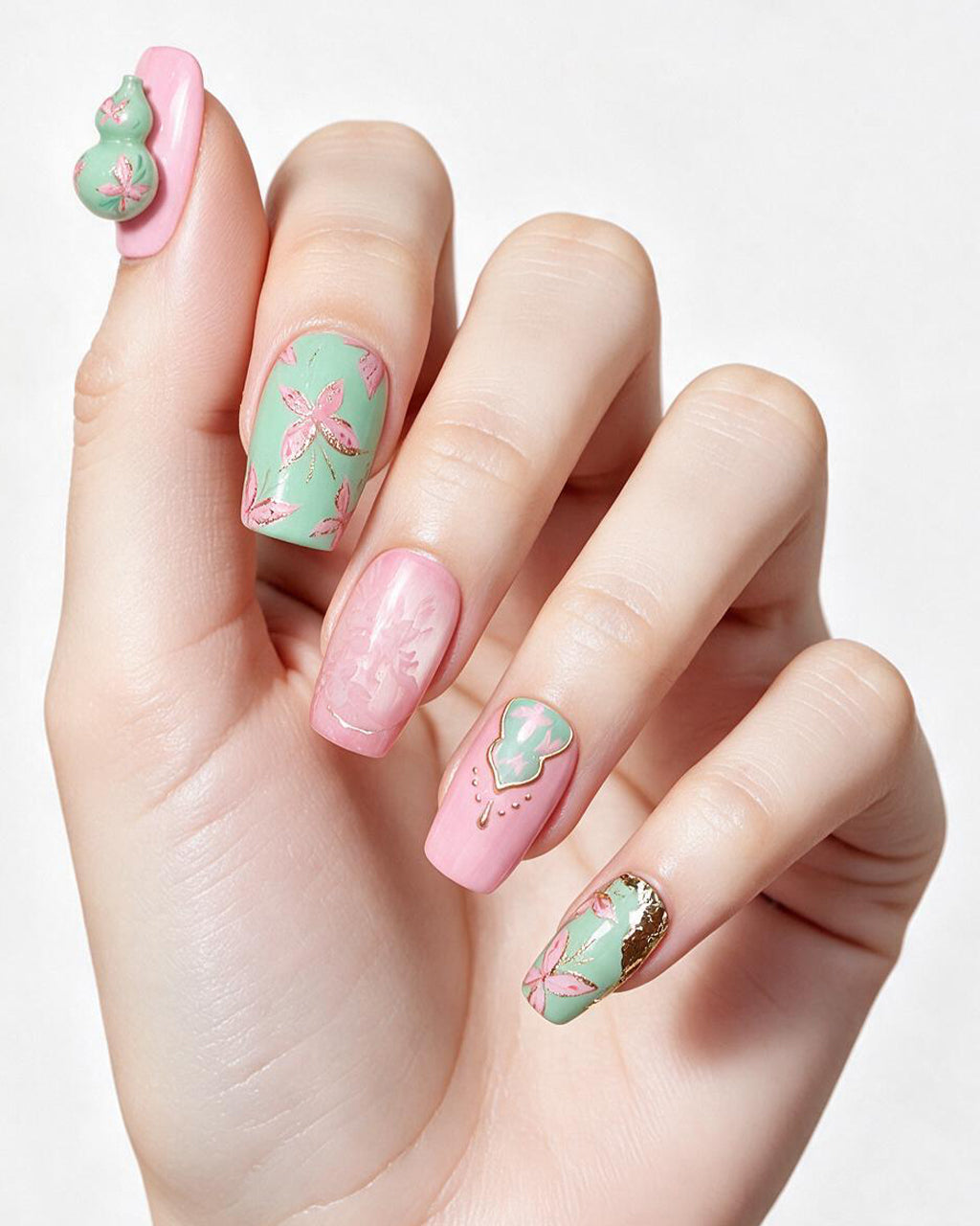 Blessing & Prosperity | Handcrafted Spinning Jade Gourd & Butterfly Press-On Nails