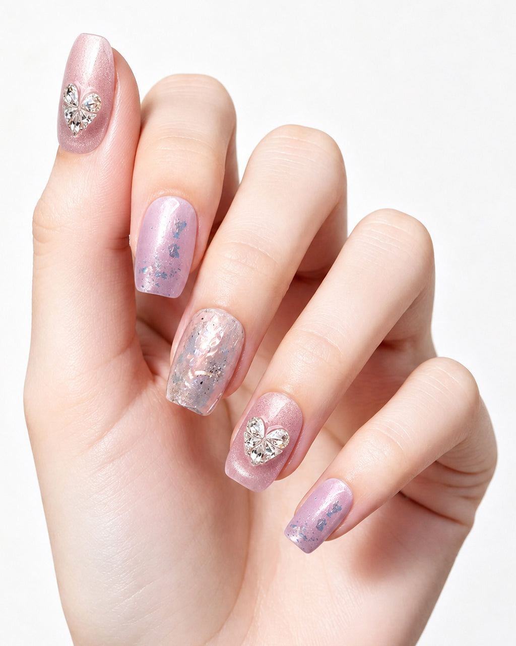 Lavender Lilac Cat Eye Press On Nails - Silver Heart Short Square Nails