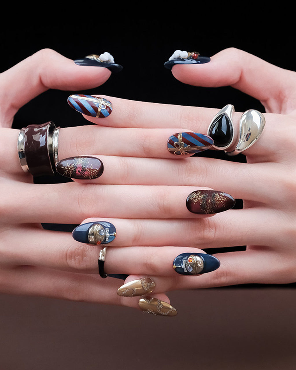 Christmas Fantasy | Handcrafted Navy Cat-Eye & 3D Holiday Press-On Nails