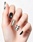 Black and White Tweed Press On Nails - Vintage Plaid & Gold Short Square Nails
